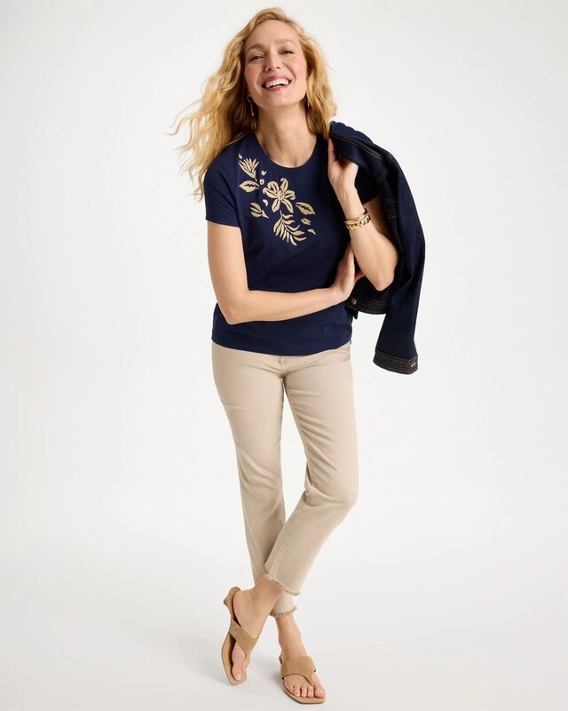 Cotton Stretch Cap Sleeve Embroidered Tee - image 2